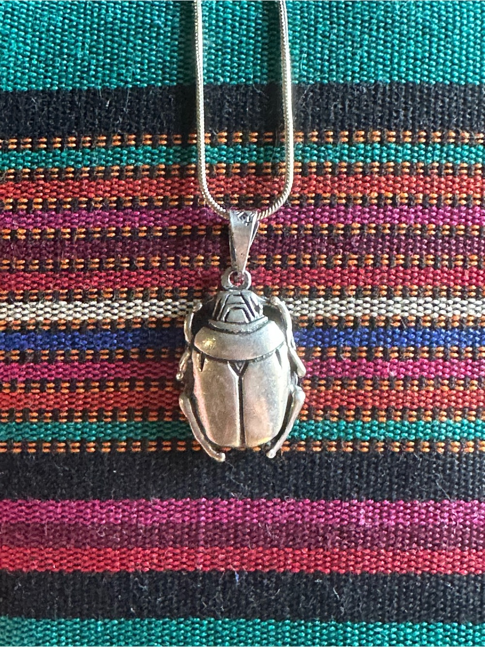 Vintage Sterling Silver Scarab Beetle 🪲 Necklace Pendant, Egyptian, Hieroglyphs